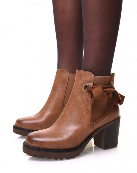 Camel lug ankle boots with bow and eyelets