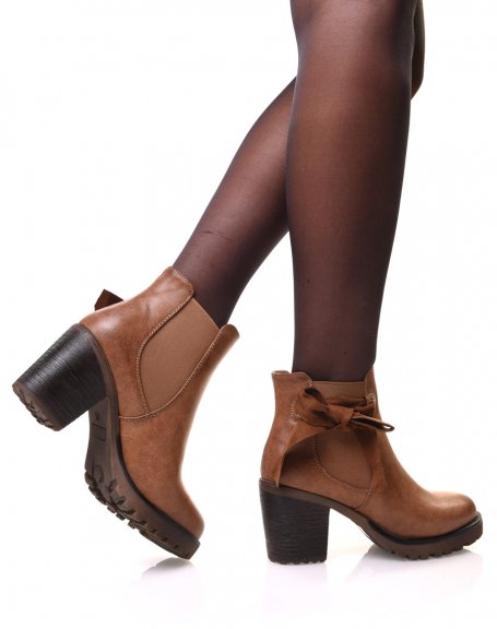 Camel lug ankle boots with bow and eyelets