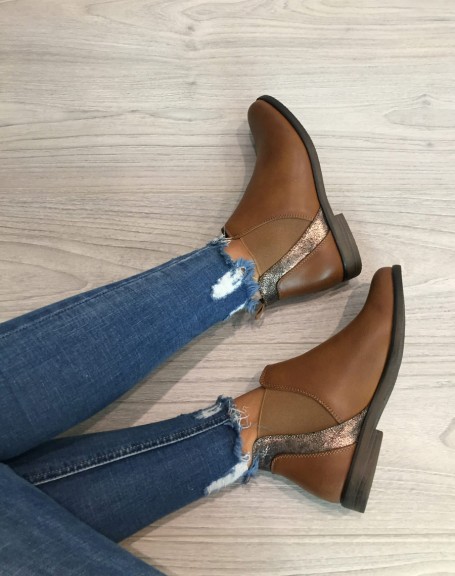 Camel metallic flat ankle boots