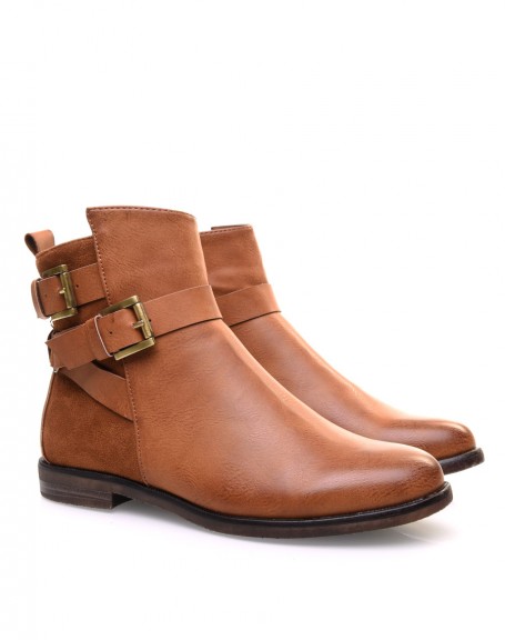 Camel mid-rise ankle boots with buckles