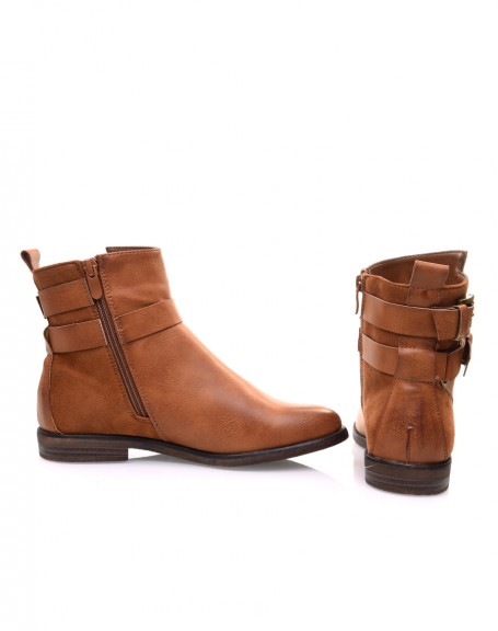 Camel mid-rise ankle boots with buckles