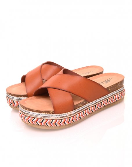 Camel mules with crossed straps and braided soles