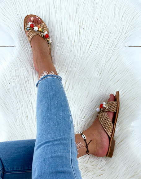 Camel mules with double crossed straps adorned with jewels