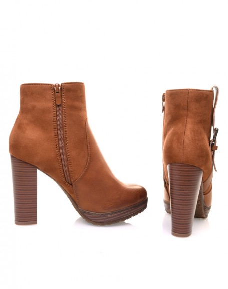 Camel notched high heel ankle boots