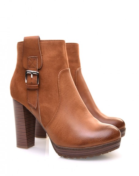 Camel notched high heel ankle boots