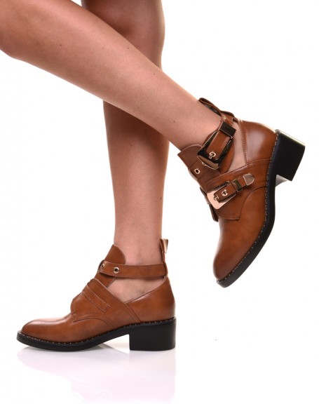 Camel openwork ankle boots