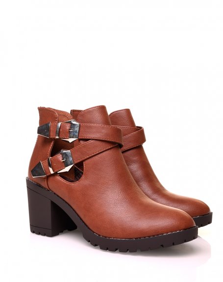 Camel openwork heel ankle boot with straps