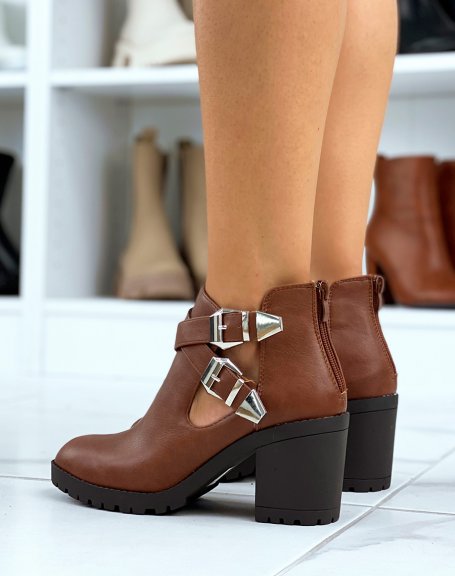 Camel openwork heel ankle boot with straps