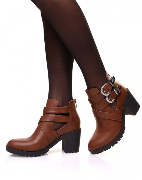 Camel openwork heeled ankle boots with interwoven straps