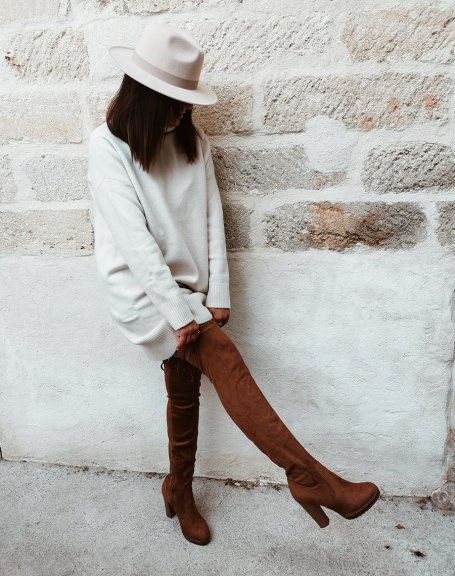 Camel over-the-knee boots with adjustable suede heels