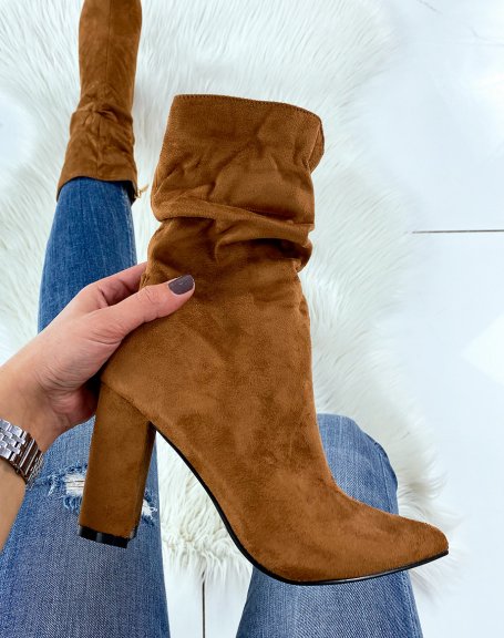 Camel pleated pointed toe ankle boots