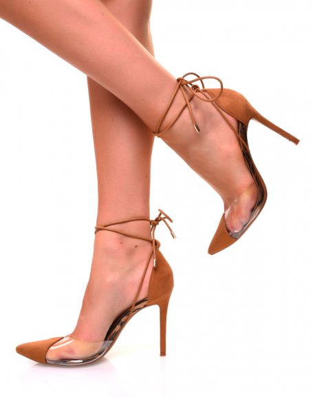 Camel pumps with stiletto heels and transparent pointed toes