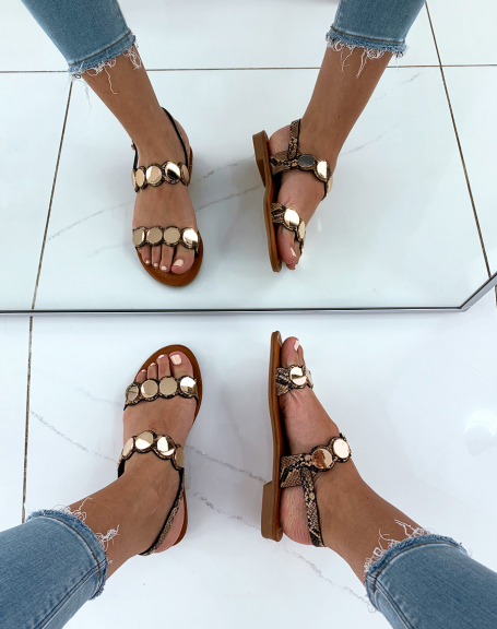 Camel python effect sandals adorned with golden circles