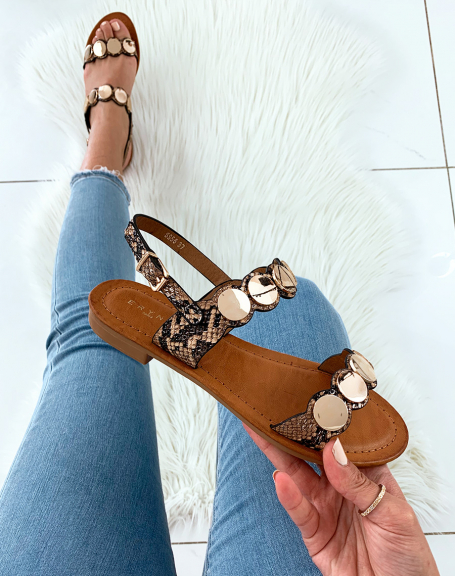 Camel python effect sandals adorned with golden circles