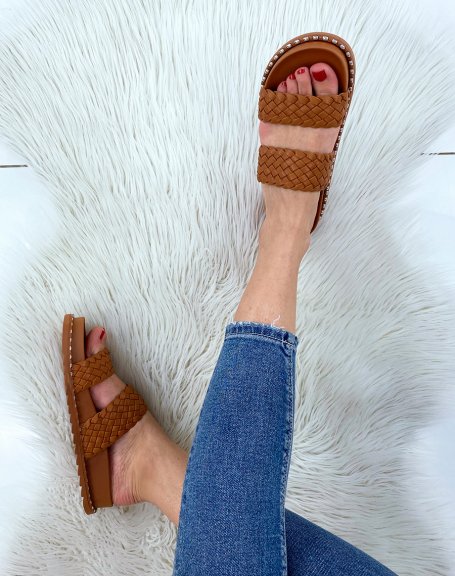 Camel sandals with double braided straps