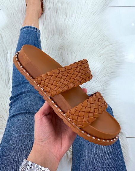 Camel sandals with double braided straps