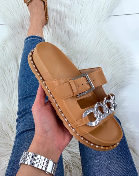 Camel sandals with double straps and silver chain