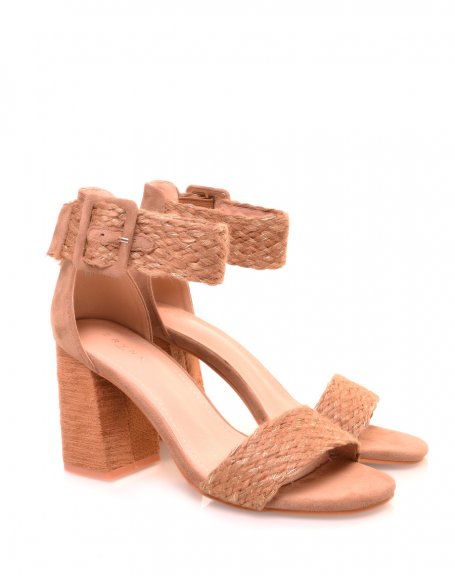 Camel sandals with fancy straps and square heels
