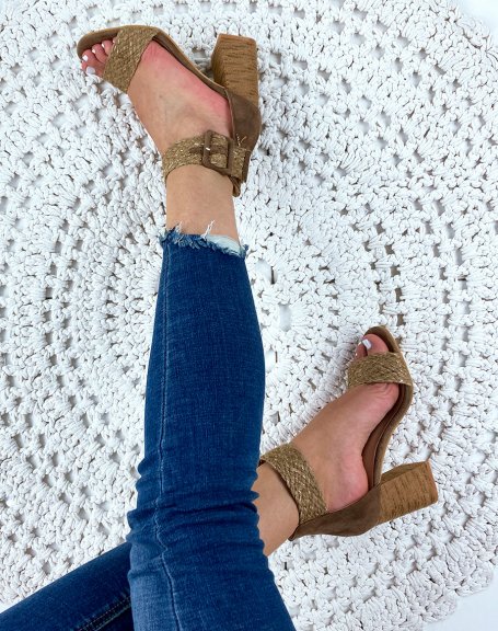 Camel sandals with fancy straps and square heels