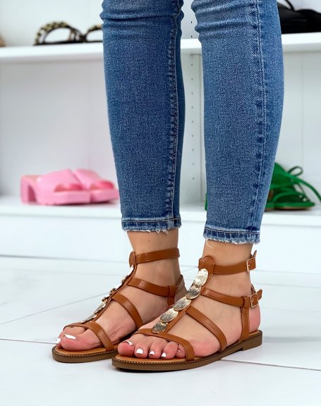 Camel sandals with gold pieces and multiple straps