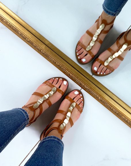 Camel sandals with gold pieces and multiple straps