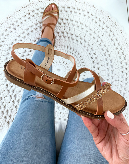 Camel sandals with metallic and braided straps