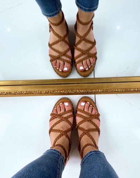 Camel sandals with multiple braided straps