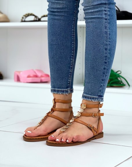 Camel sandals with multiple straps and gold jewels