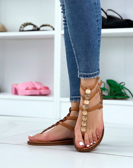 Camel sandals with multiple straps and gold jewels