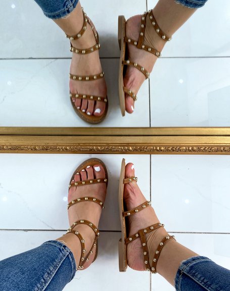 Camel sandals with multiple studded straps