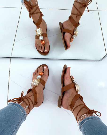 Camel sandals with rhinestones
