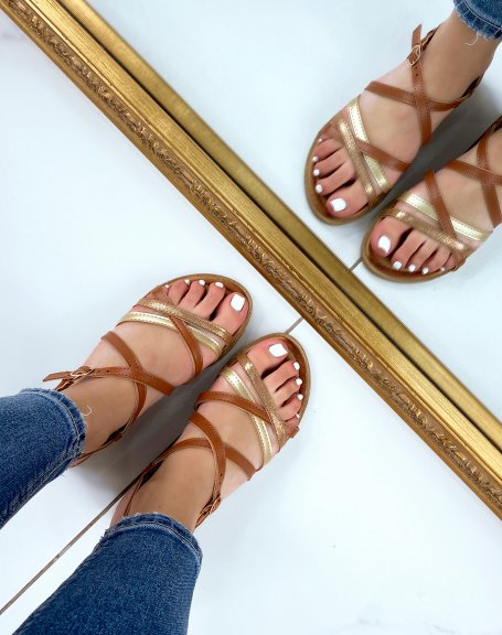 Camel sandals with smooth, satiny and sequined straps