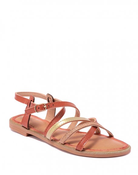 Camel sandals with smooth, satiny and sequined straps