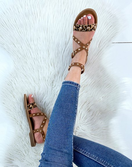 Camel sandals with studs and leopard strap