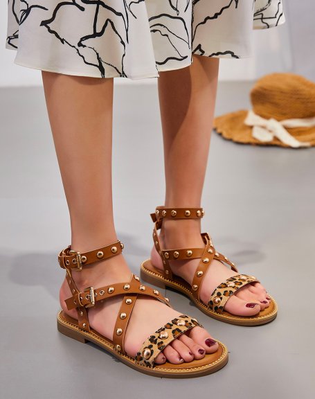 Camel sandals with studs and leopard strap