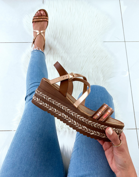 Camel sandals with wedge heels and multiple fancy straps