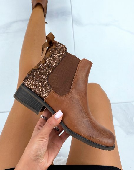 Camel sequined Chelsea boots with bow