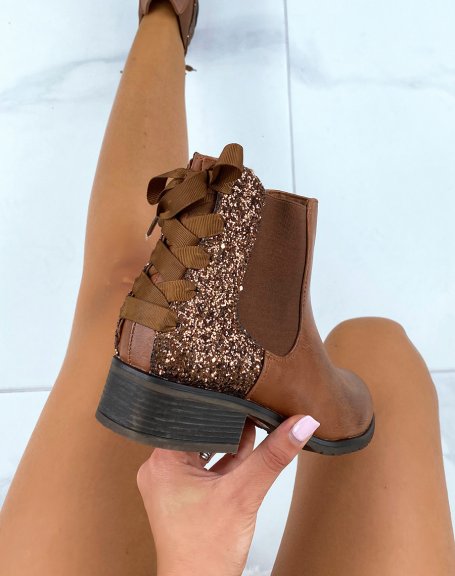Camel sequined Chelsea boots with bow