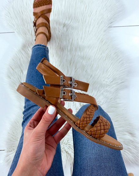 Camel slippers with multiple braided and smooth straps