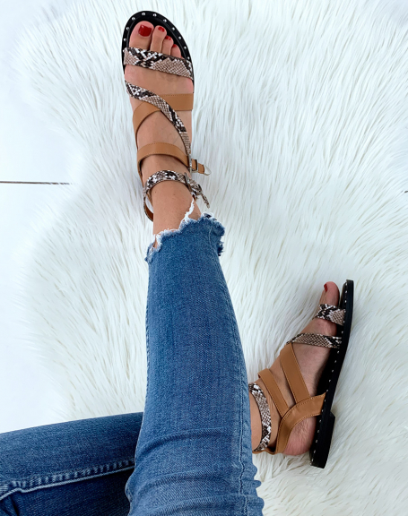 Camel snake-effect sandal with studded sole