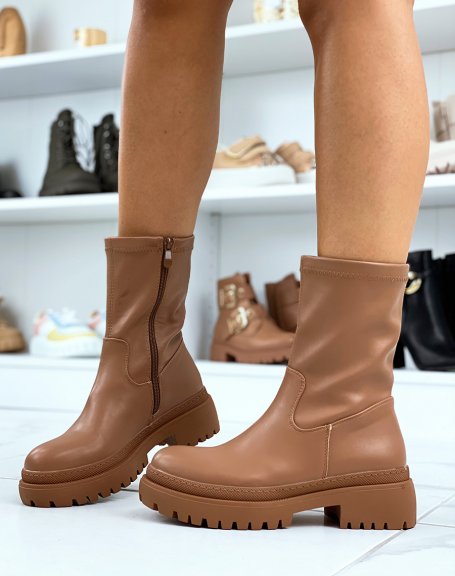 Camel sock-effect faux leather ankle boots