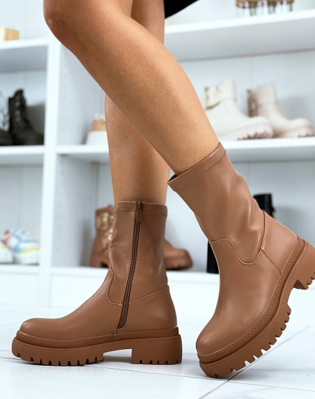 Camel sock-effect faux leather ankle boots