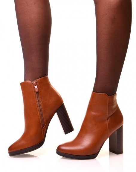 Camel square heel ankle boots