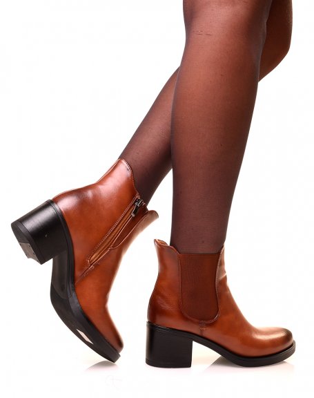 Camel square heel ankle boots