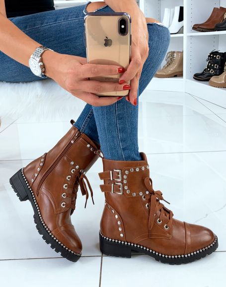 Camel studded high ankle boots