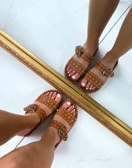 Camel studded sandals with buckles