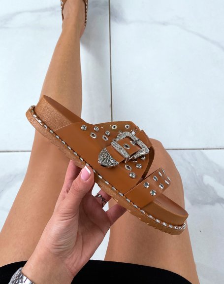 Camel studded sandals with silver clasp
