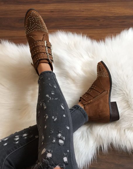 Camel studded suede flat ankle boots