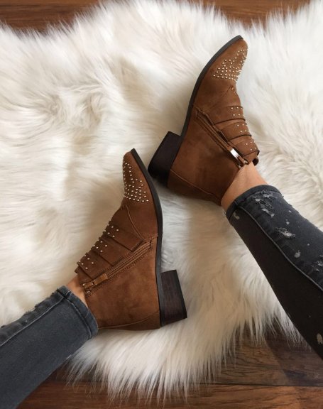 Camel studded suede flat ankle boots