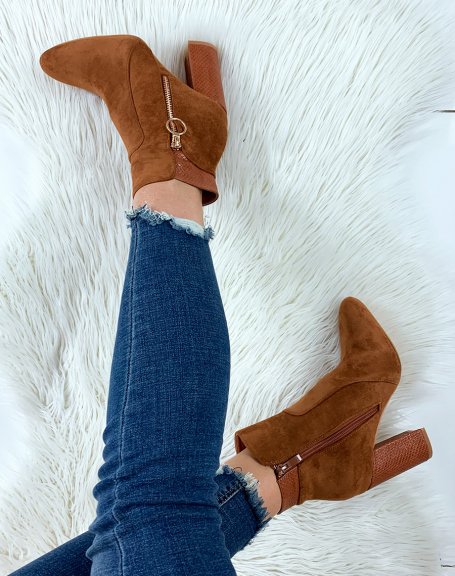 Camel suede and croc-effect heeled ankle boots